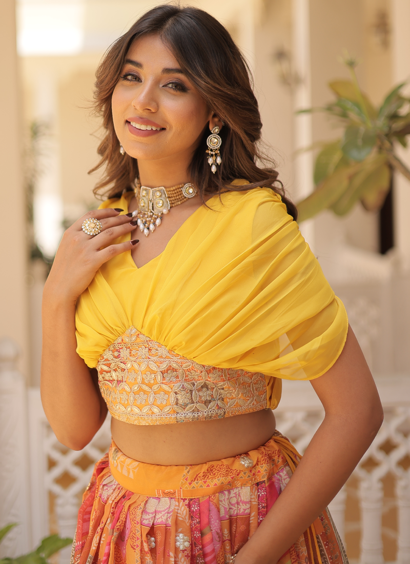 Foil Work Silk Digital Printed Haldi Special Yellow Crop Top Lehenga