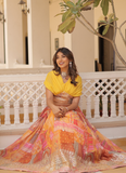 Foil Work Silk Digital Printed Haldi Special Yellow Crop Top Lehenga