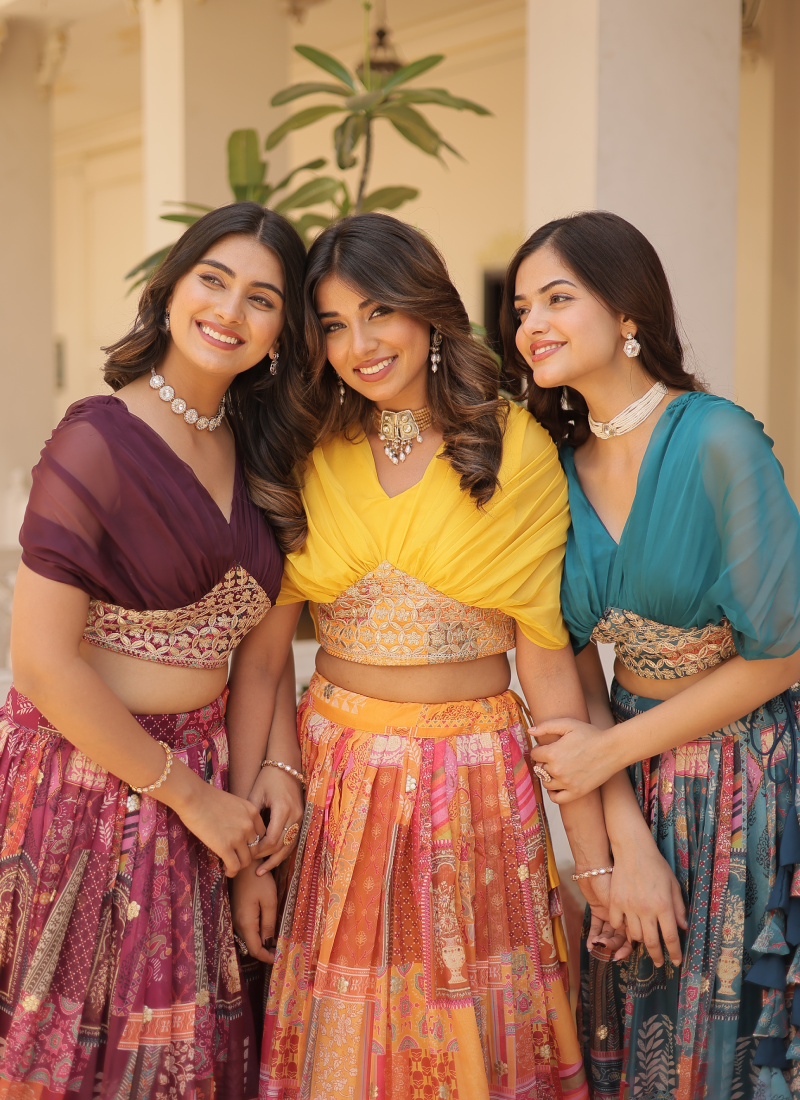 Foil Work Silk Digital Printed Haldi Special Yellow Crop Top Lehenga