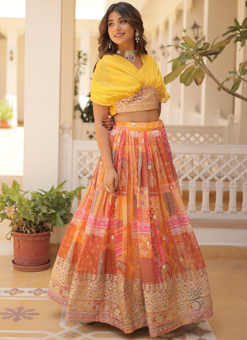 Foil Work Silk Digital Printed Haldi Special Yellow Crop Top Lehenga