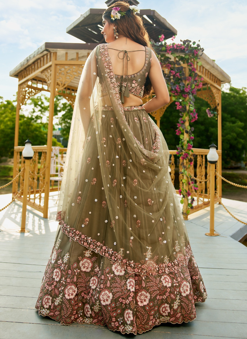 French Crep Floral Dori Embroidery Olive Green Lehenga Choli For Women