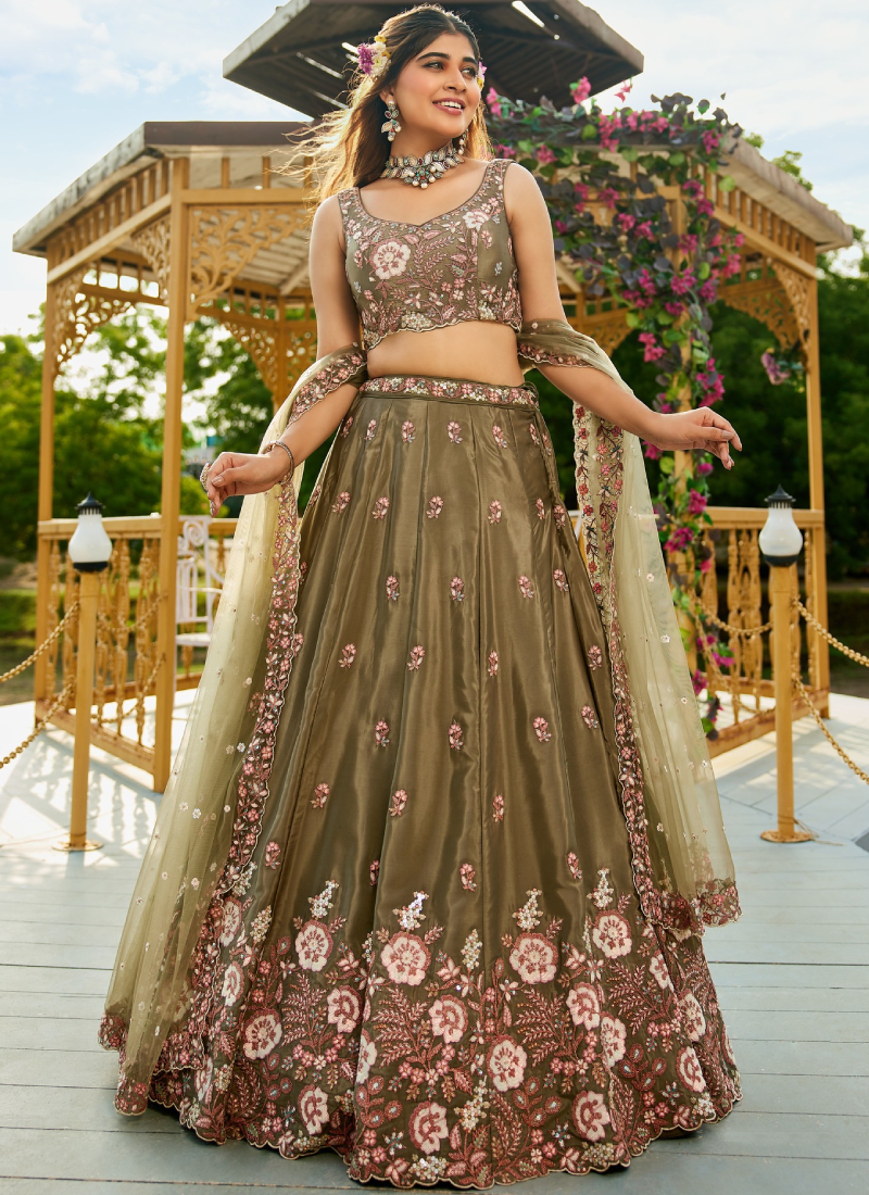 French Crep Floral Dori Embroidery Olive Green Lehenga Choli For Women