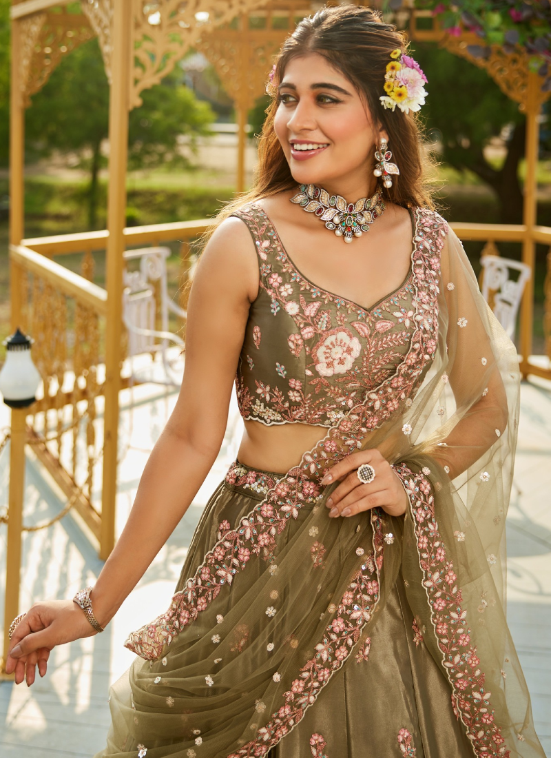French Crep Floral Dori Embroidery Olive Green Lehenga Choli For Women