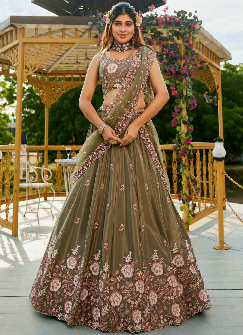 French Crep Floral Dori Embroidery Olive Green Lehenga Choli For Women