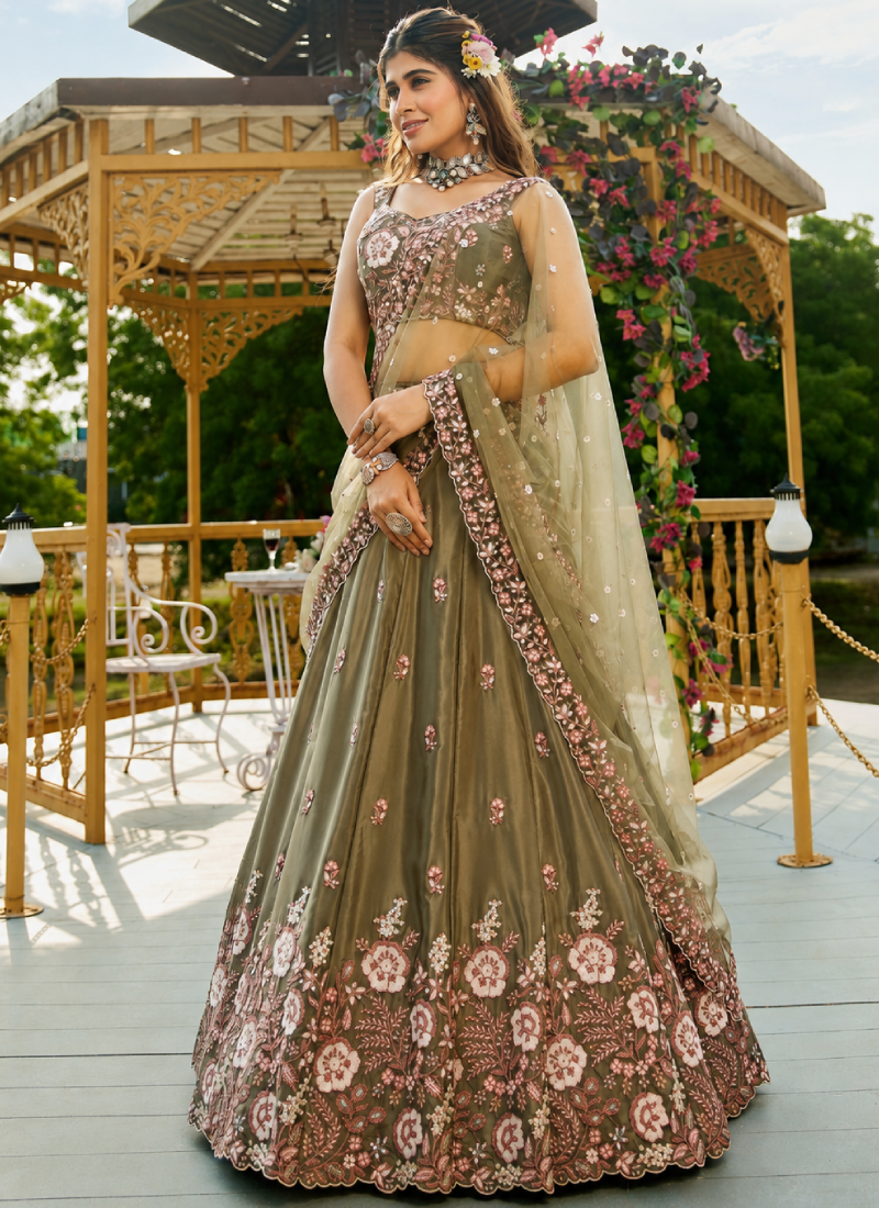 French Crep Floral Dori Embroidery Olive Green Lehenga Choli For Women