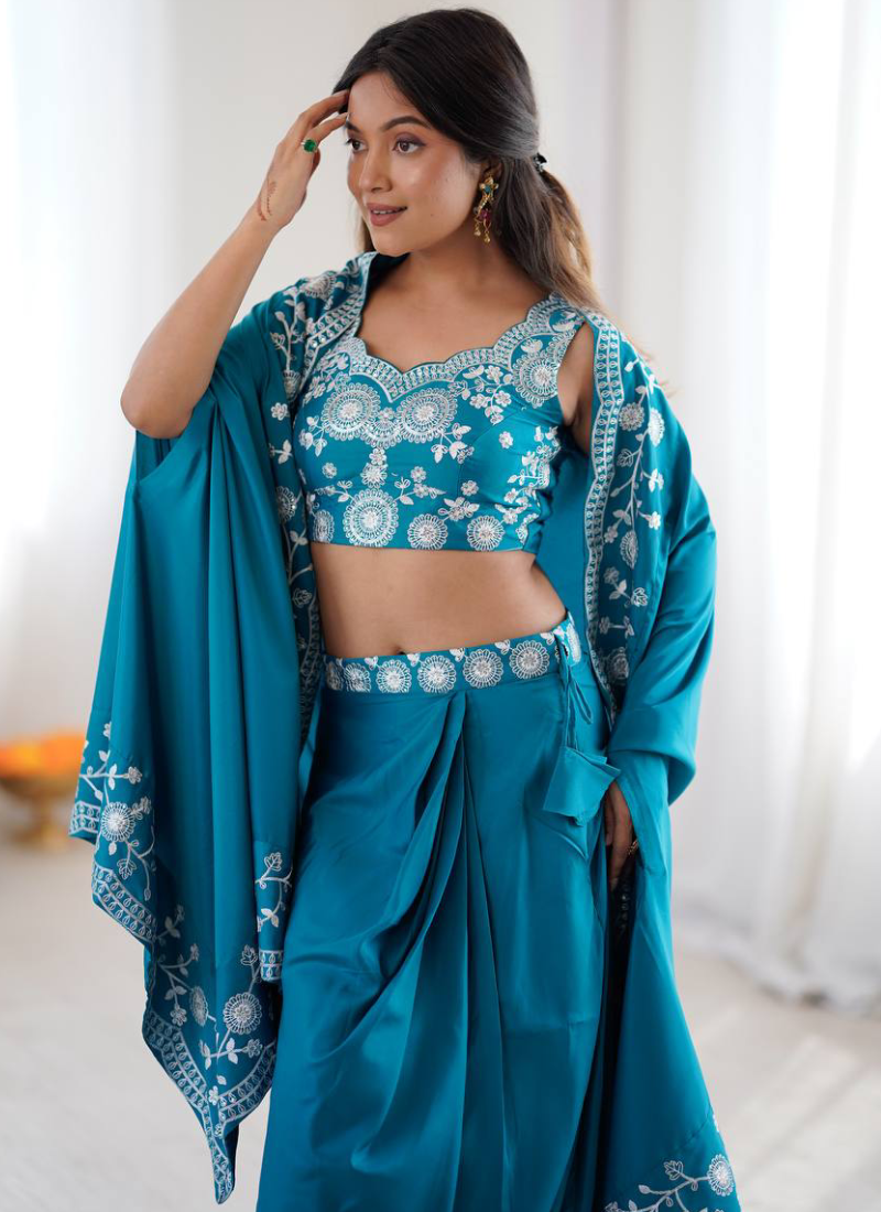 French Crepe Thread Work Indo Western Teal Blue Dhoti Choli With Shrug