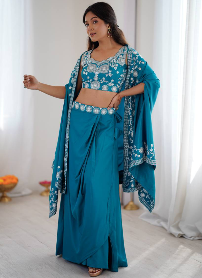 French Crepe Thread Work Indo Western Teal Blue Dhoti Choli With Shrug