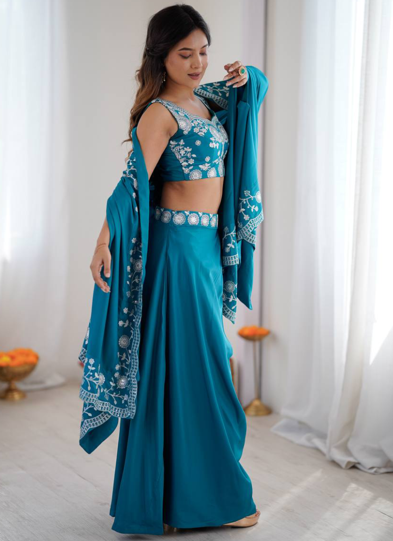 French Crepe Thread Work Indo Western Teal Blue Dhoti Choli With Shrug