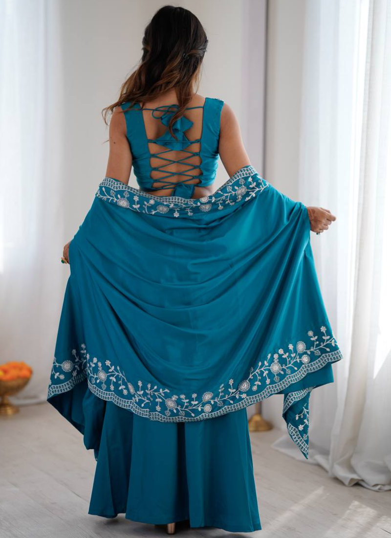 French Crepe Thread Work Indo Western Teal Blue Dhoti Choli With Shrug