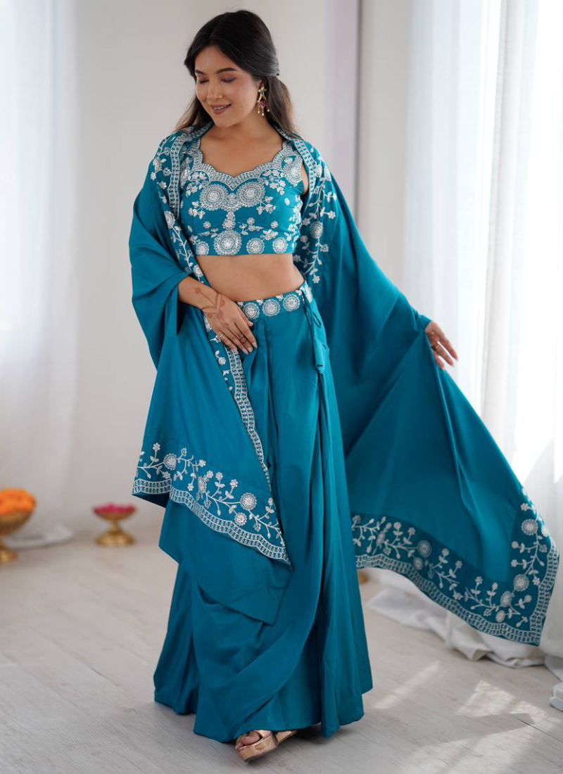 French Crepe Thread Work Indo Western Teal Blue Dhoti Choli With Shrug