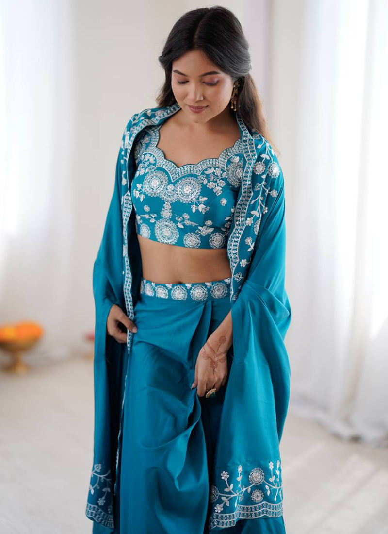 French Crepe Thread Work Indo Western Teal Blue Dhoti Choli With Shrug