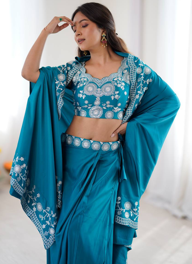 French Crepe Thread Work Indo Western Teal Blue Dhoti Choli With Shrug