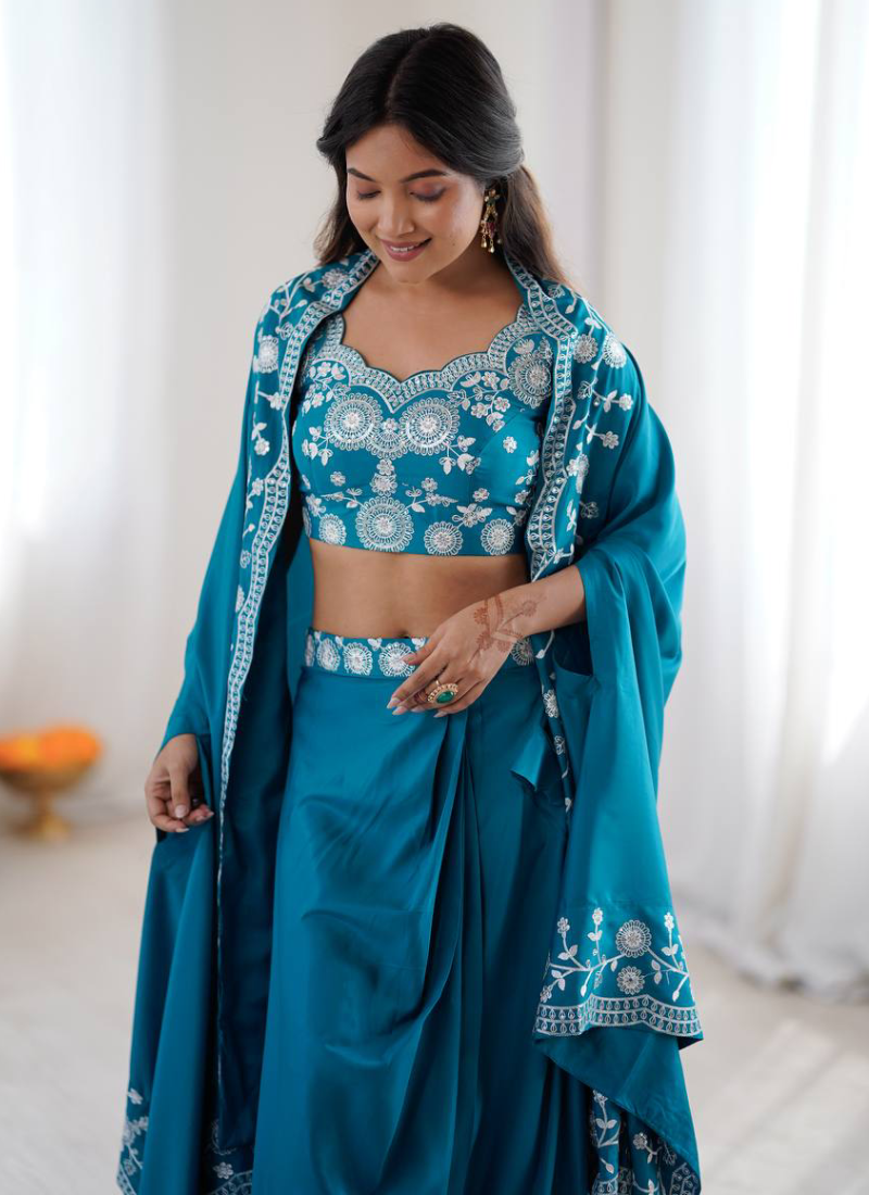 French Crepe Thread Work Indo Western Teal Blue Dhoti Choli With Shrug