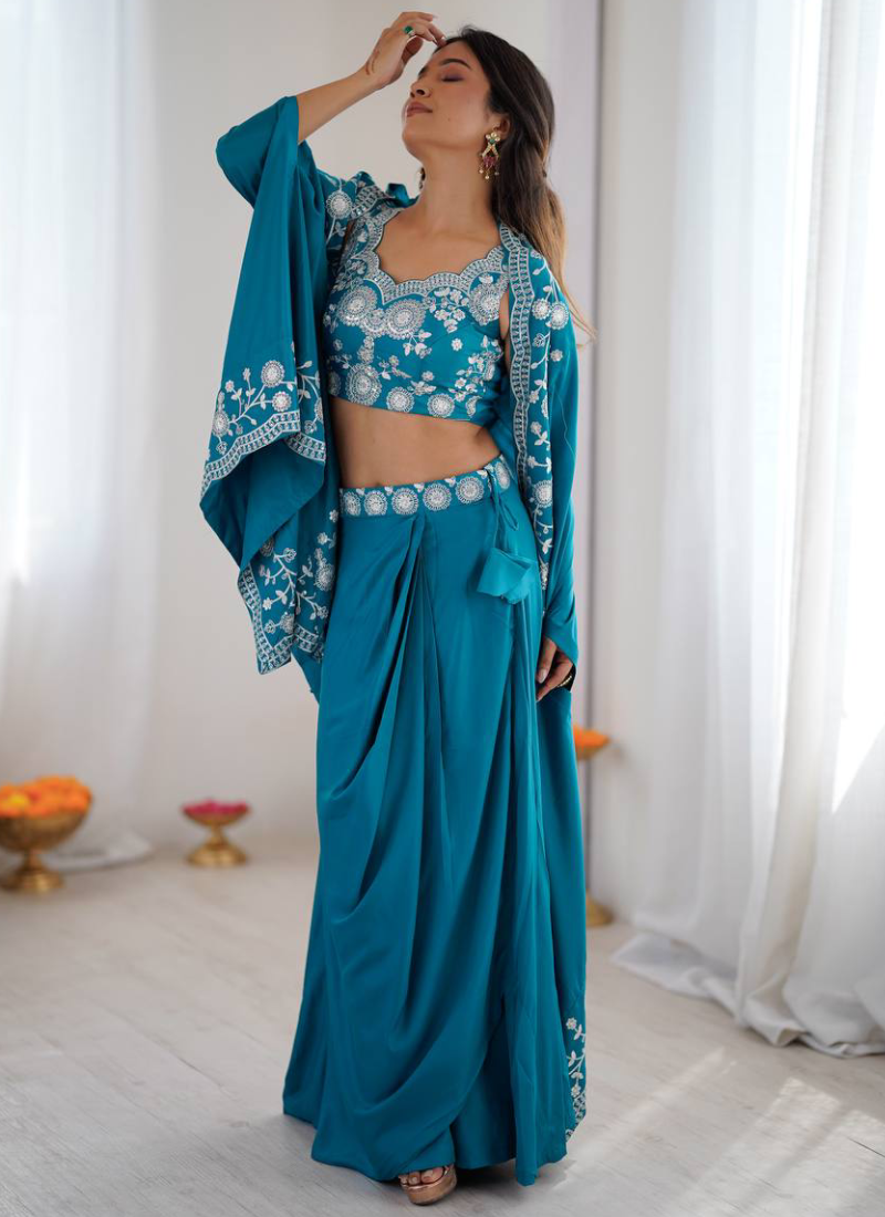 French Crepe Thread Work Indo Western Teal Blue Dhoti Choli With Shrug