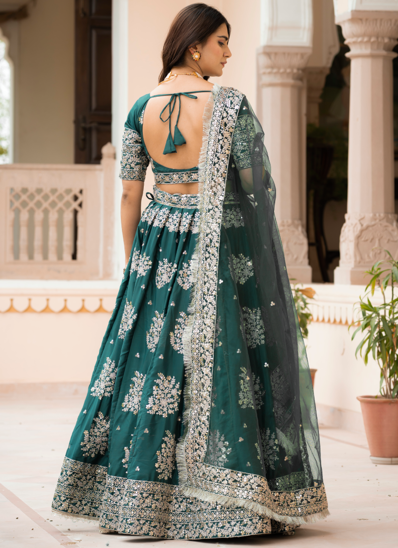 French Crepe Zari Embroidered Green Lehenga Choli For Mehendi Ceremony