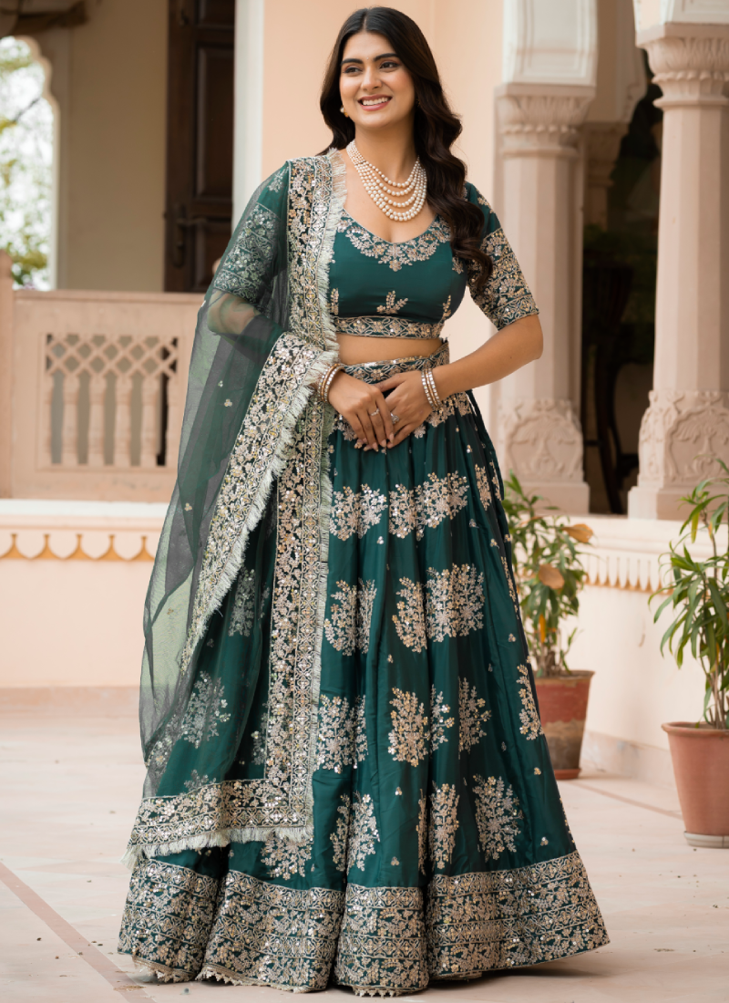 French Crepe Zari Embroidered Green Lehenga Choli For Mehendi Ceremony