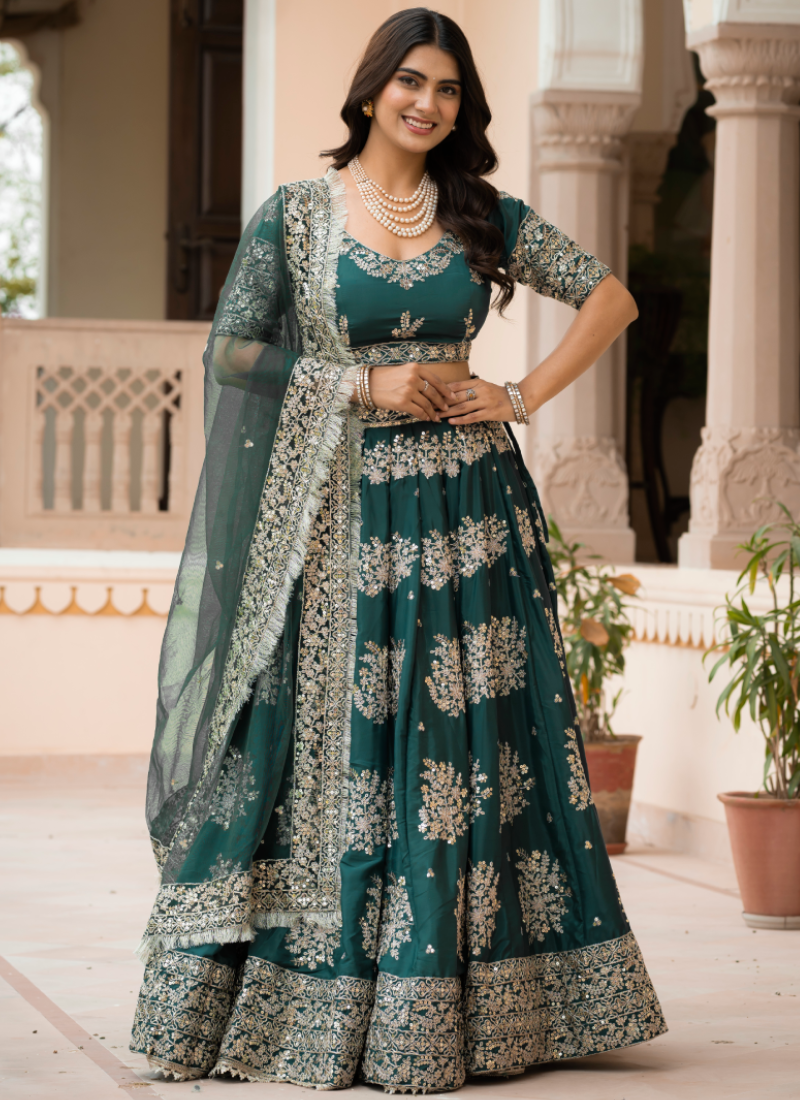 French Crepe Zari Embroidered Green Lehenga Choli For Mehendi Ceremony