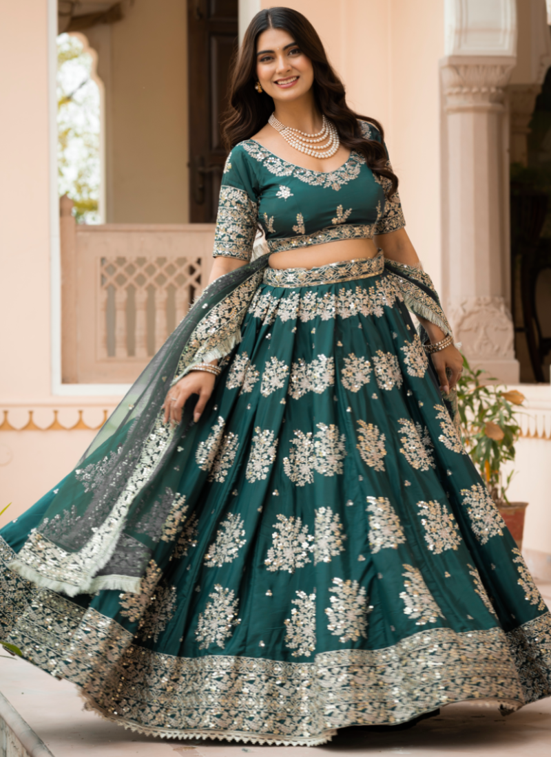 French Crepe Zari Embroidered Green Lehenga Choli For Mehendi Ceremony