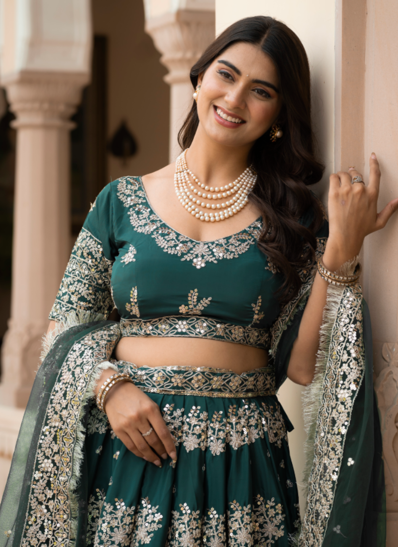 French Crepe Zari Embroidered Green Lehenga Choli For Mehendi Ceremony