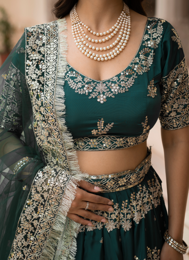 French Crepe Zari Embroidered Green Lehenga Choli For Mehendi Ceremony