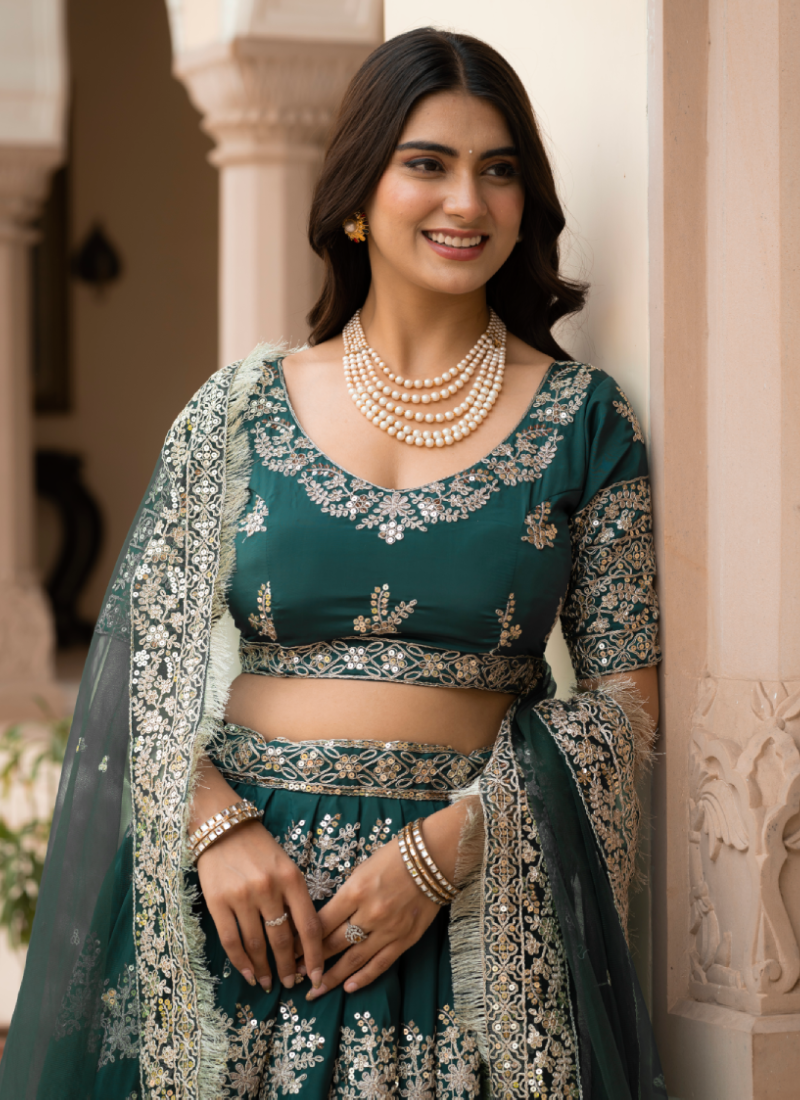 French Crepe Zari Embroidered Green Lehenga Choli For Mehendi Ceremony