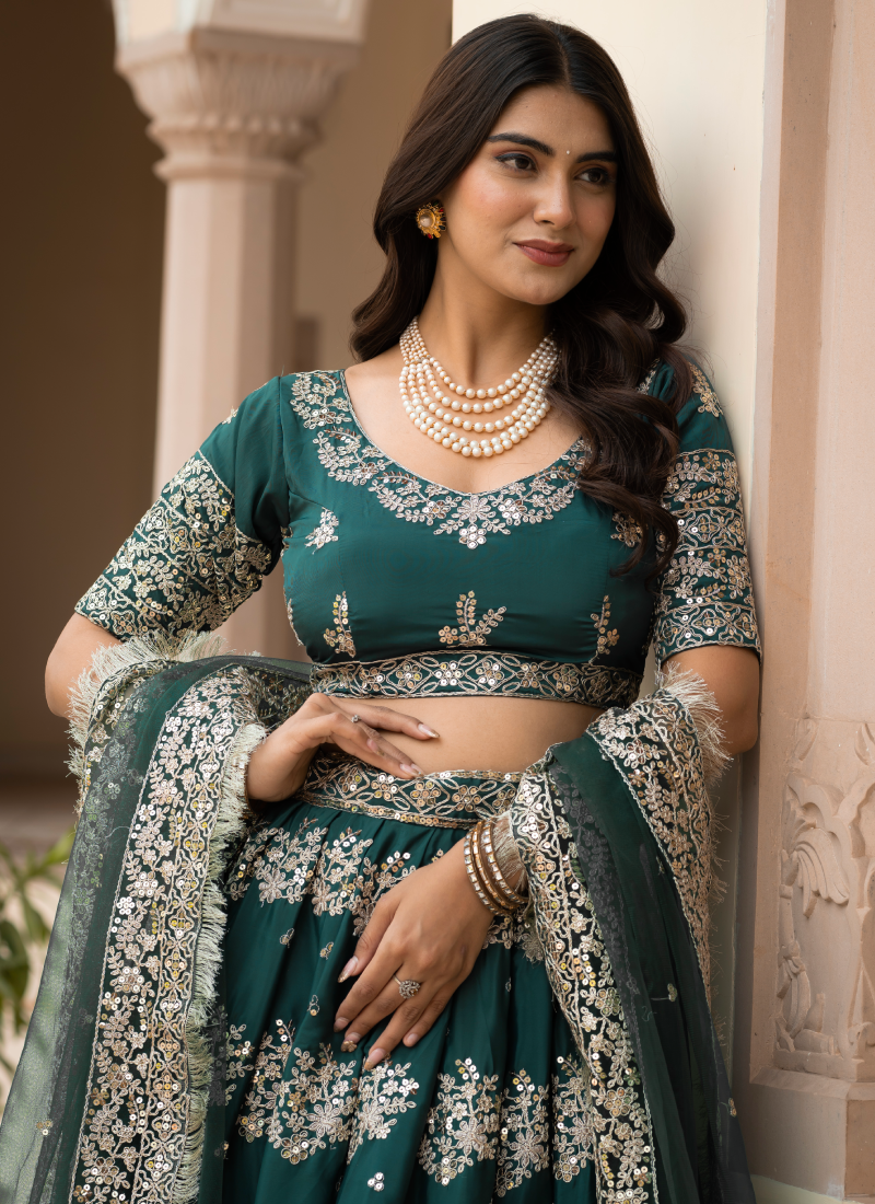 French Crepe Zari Embroidered Green Lehenga Choli For Mehendi Ceremony