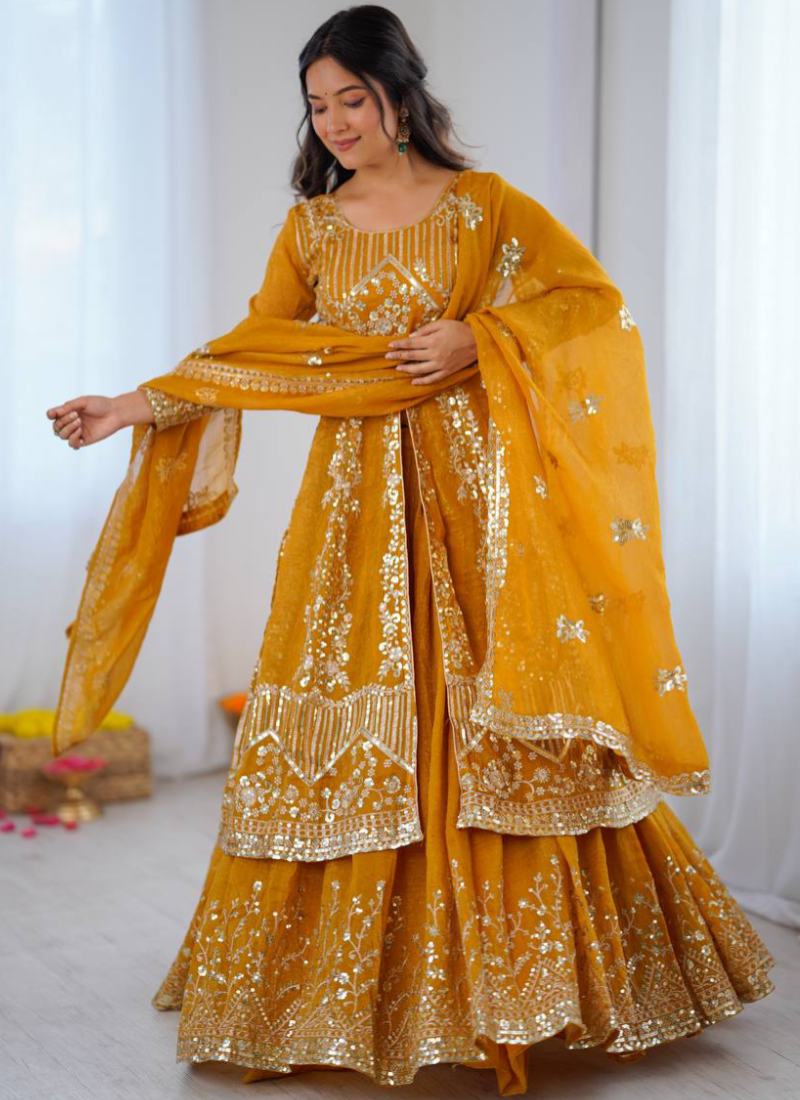 Full Stitched Crunchy Silk Yellow Heavy Embroidered Anarkali Lehenga