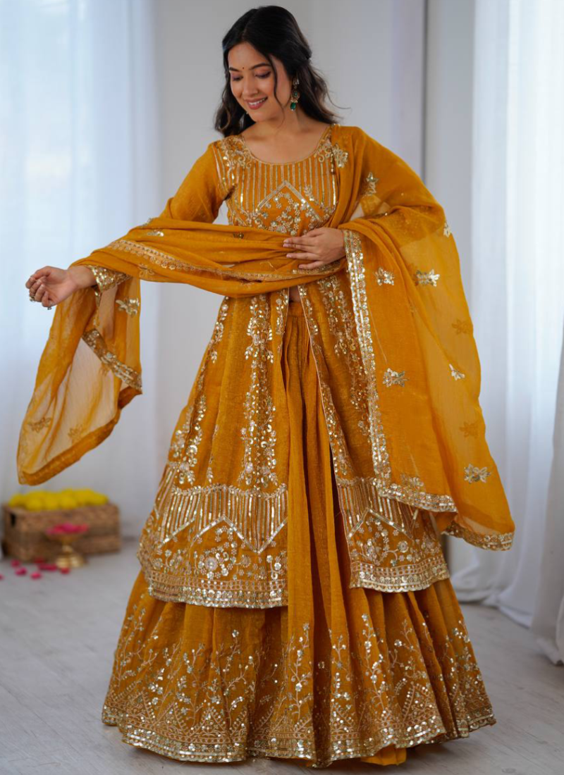 Full Stitched Crunchy Silk Yellow Heavy Embroidered Anarkali Lehenga