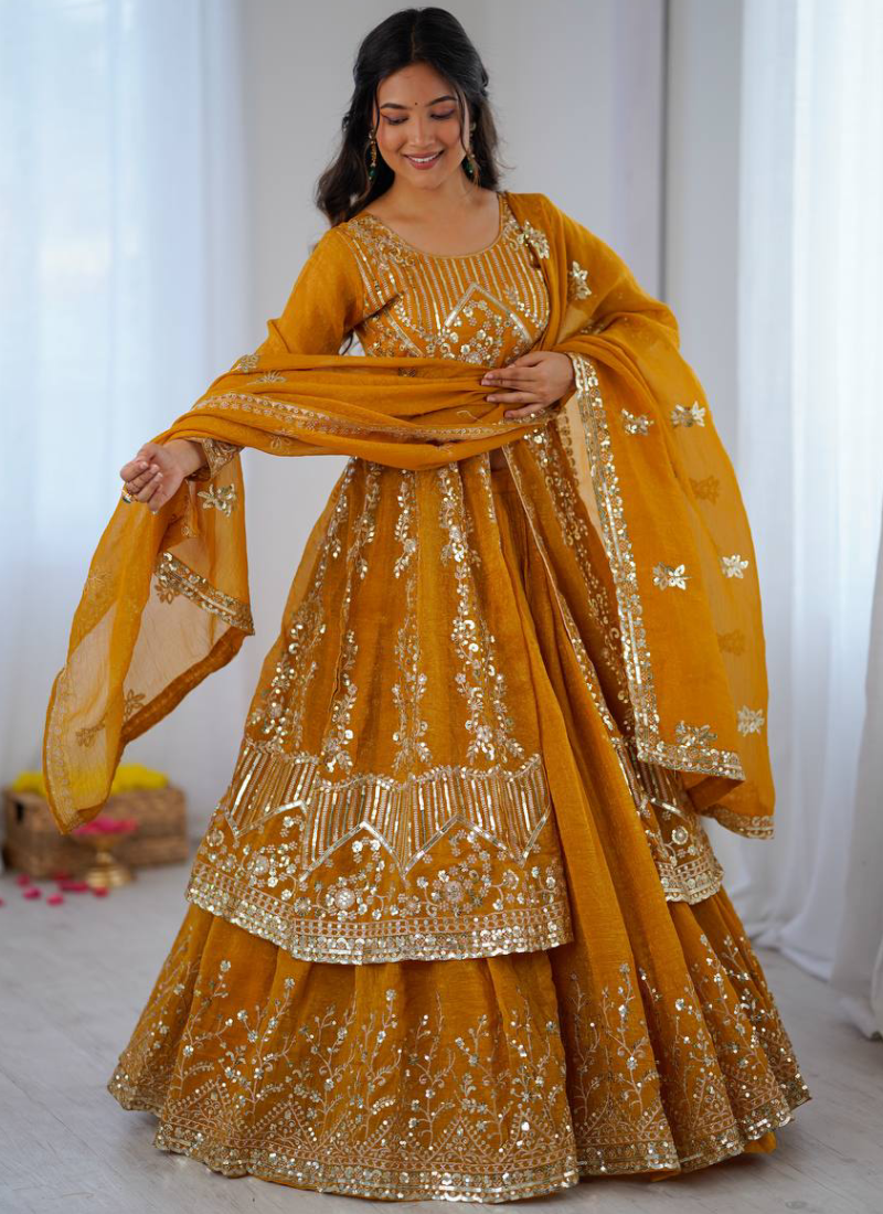 Full Stitched Crunchy Silk Yellow Heavy Embroidered Anarkali Lehenga
