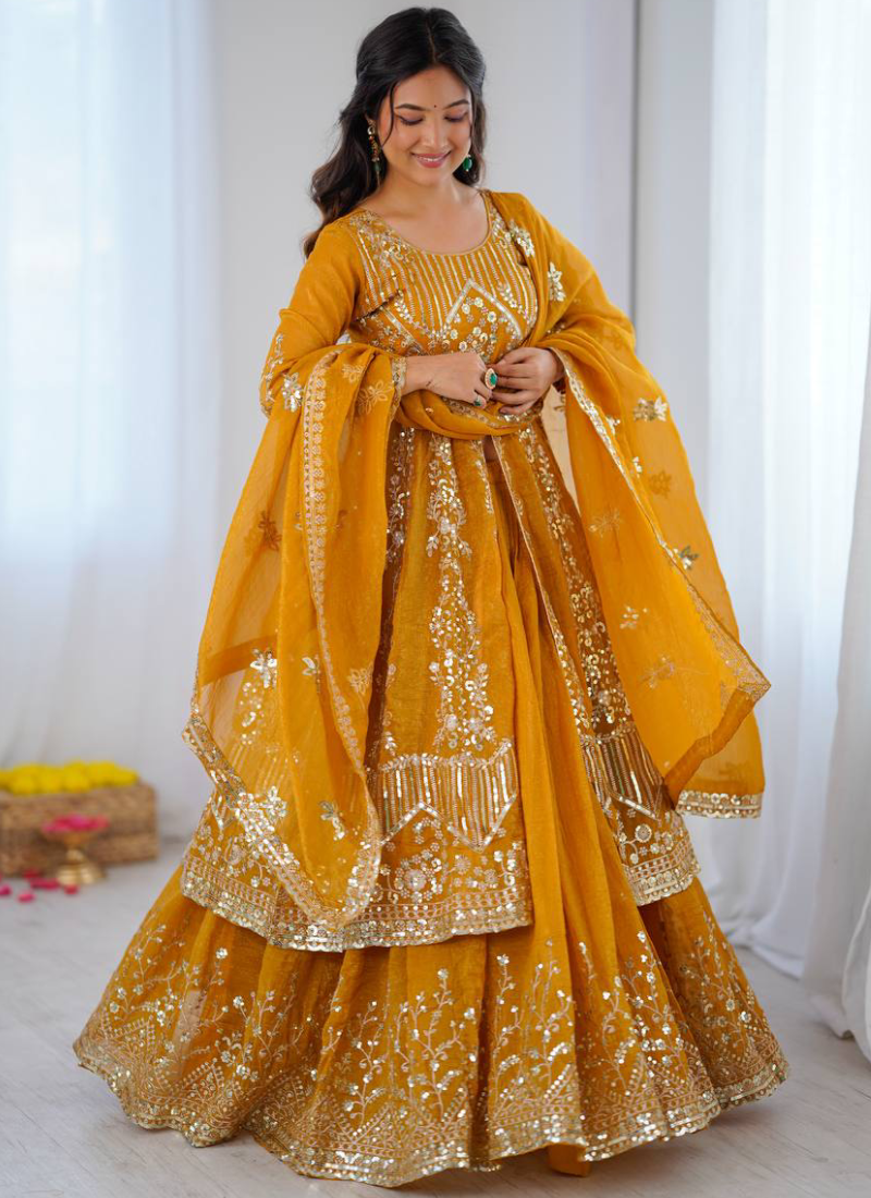 Full Stitched Crunchy Silk Yellow Heavy Embroidered Anarkali Lehenga