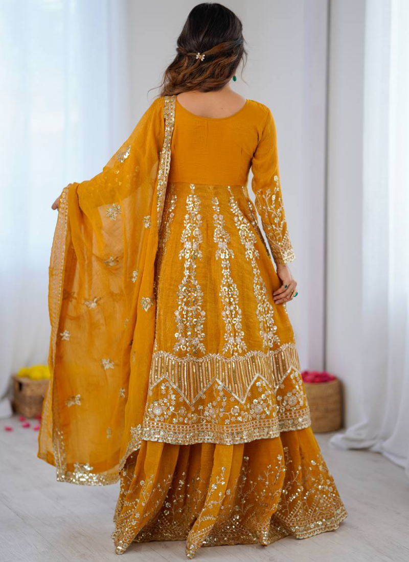 Full Stitched Crunchy Silk Yellow Heavy Embroidered Anarkali Lehenga