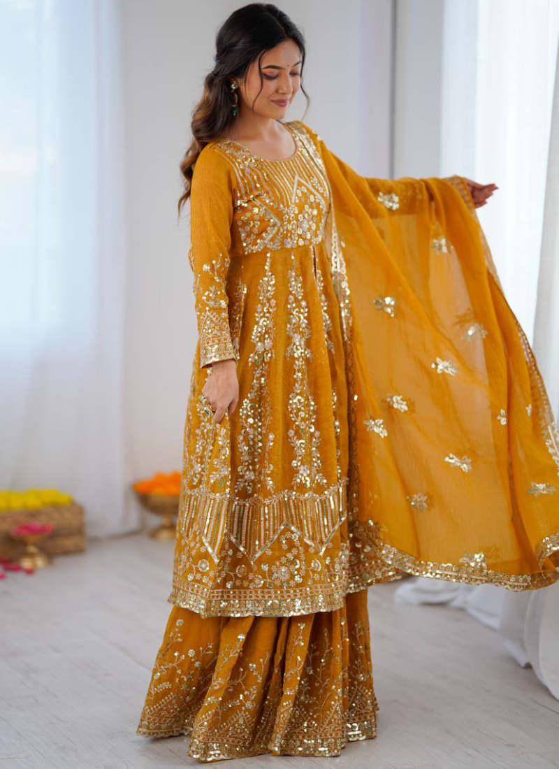 Full Stitched Crunchy Silk Yellow Heavy Embroidered Anarkali Lehenga