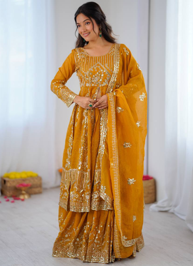 Full Stitched Crunchy Silk Yellow Heavy Embroidered Anarkali Lehenga