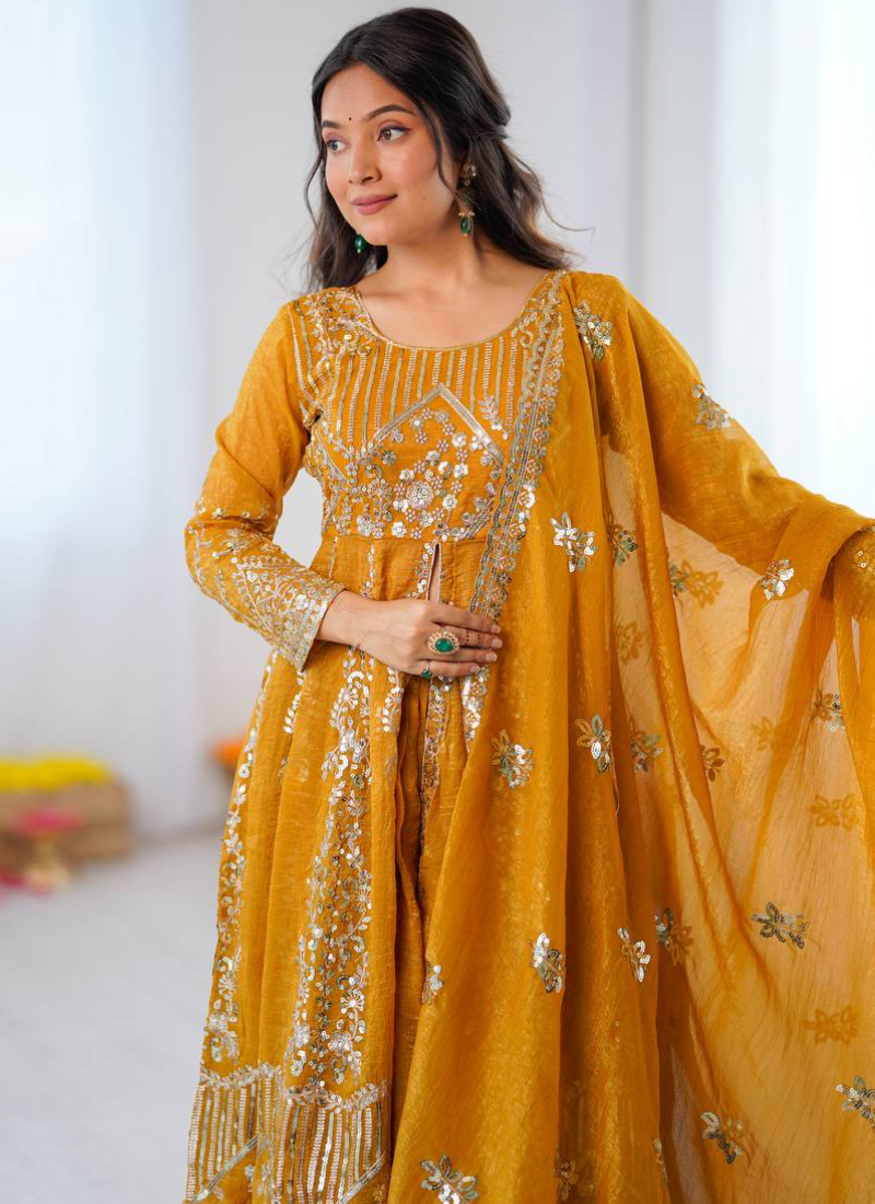 Full Stitched Crunchy Silk Yellow Heavy Embroidered Anarkali Lehenga