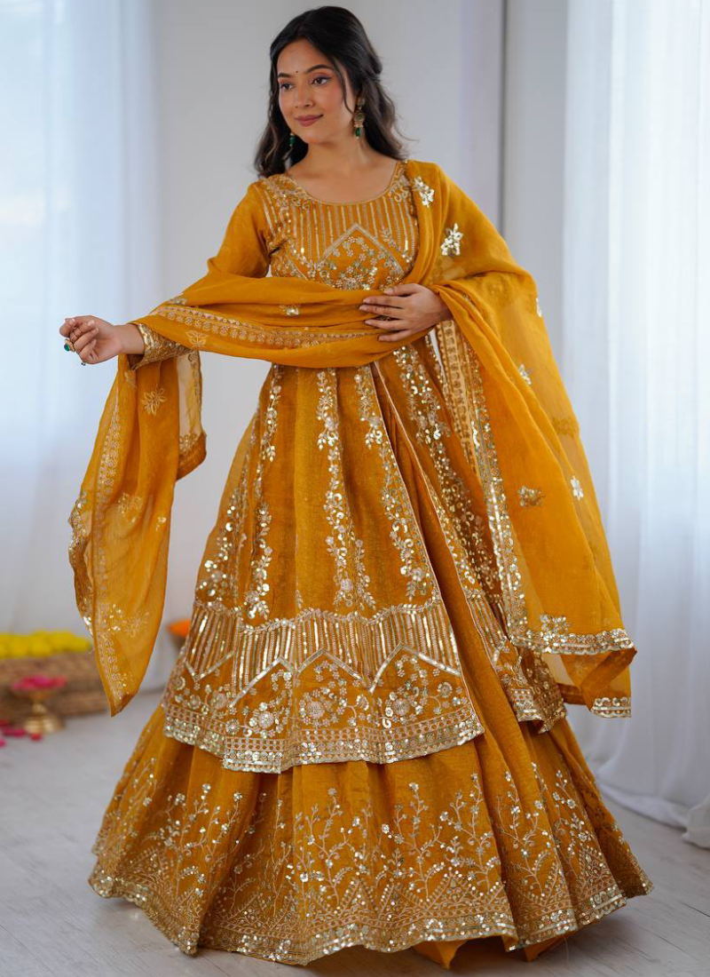 Full Stitched Crunchy Silk Yellow Heavy Embroidered Anarkali Lehenga