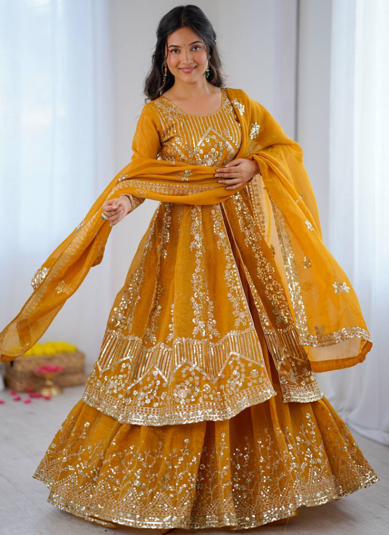 Full Stitched Crunchy Silk Yellow Heavy Embroidered Anarkali Lehenga