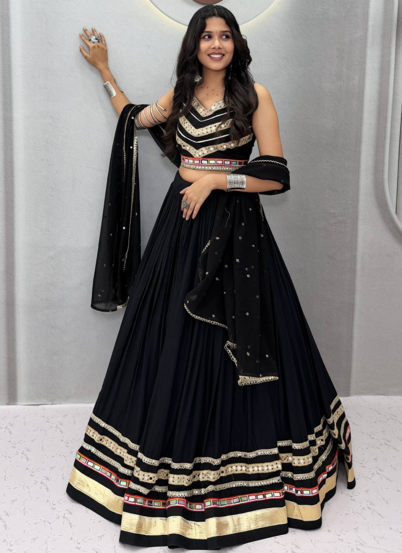 Fully Stitched Black Pure Cotton Lehenga Choli With Mirror Lace Work