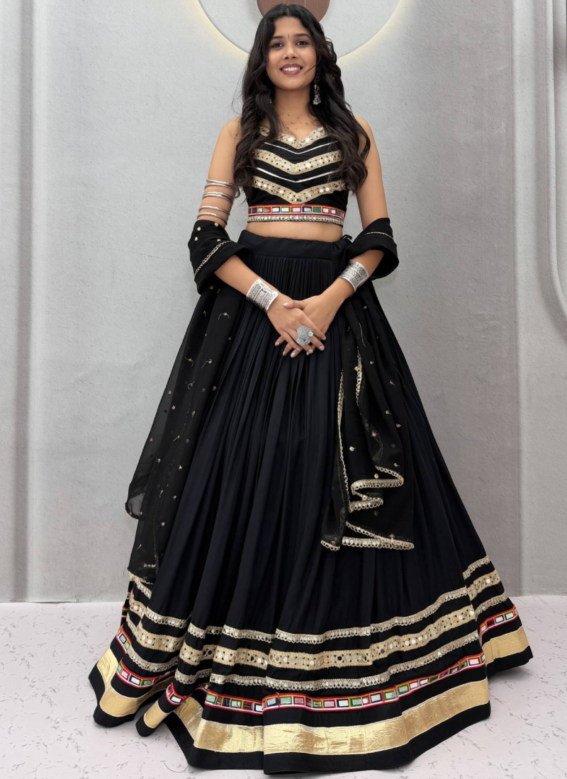 Fully Stitched Black Pure Cotton Lehenga Choli With Mirror Lace Work