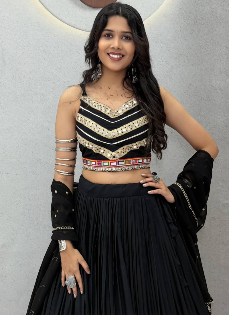 Fully Stitched Black Pure Cotton Lehenga Choli With Mirror Lace Work