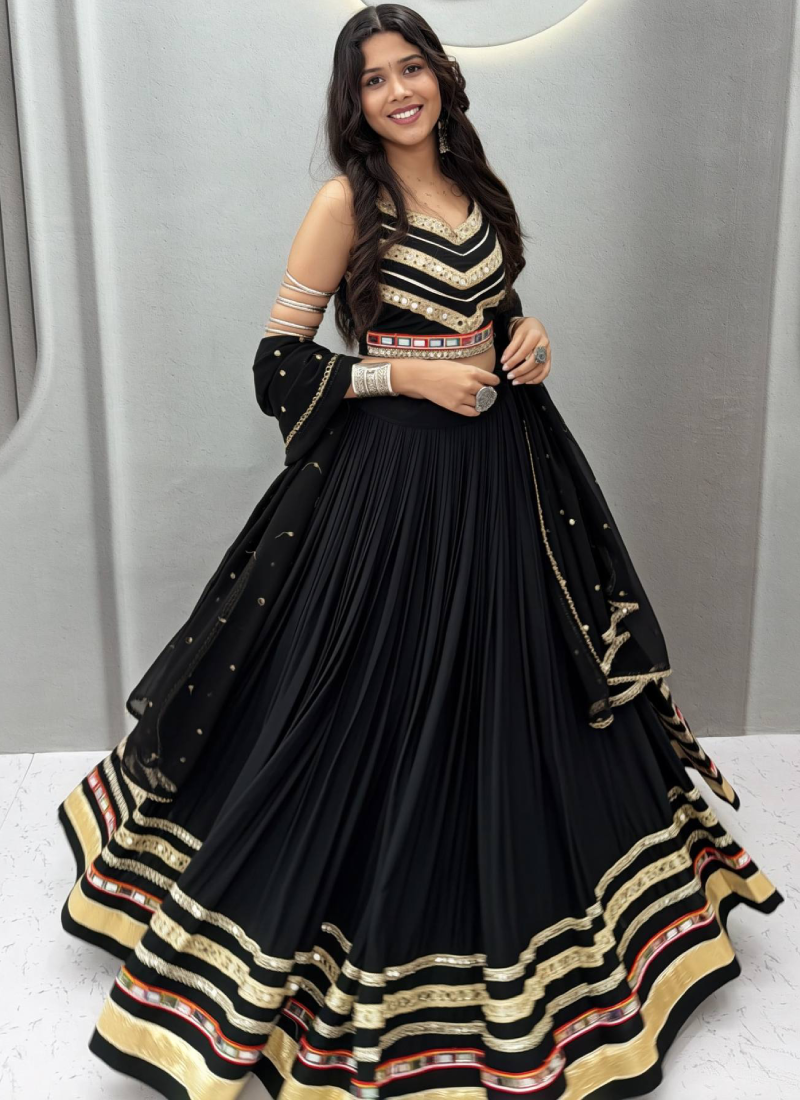 Fully Stitched Black Pure Cotton Lehenga Choli With Mirror Lace Work