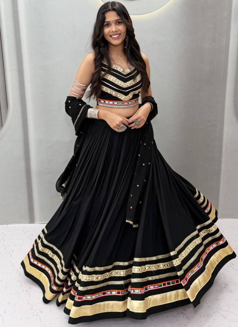 Fully Stitched Black Pure Cotton Lehenga Choli With Mirror Lace Work