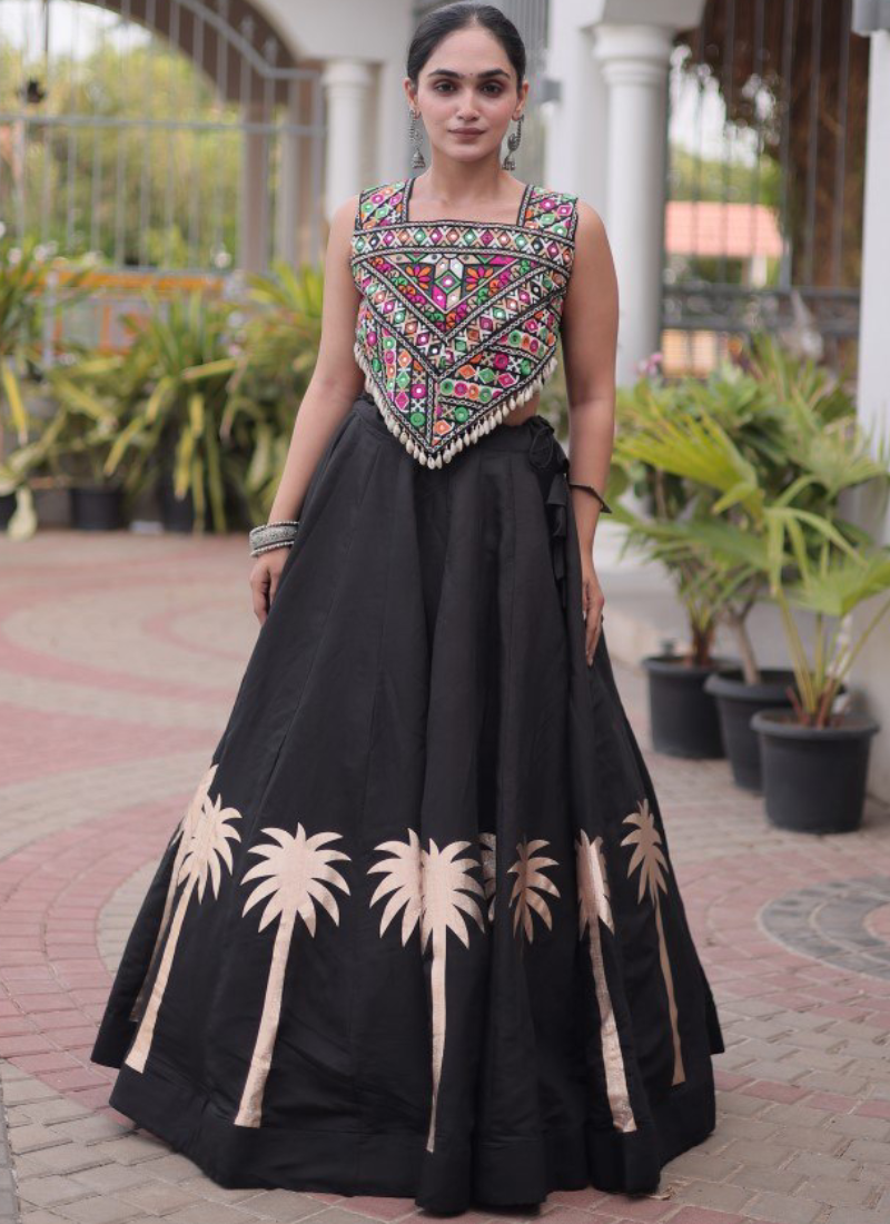 Fully Stitched Black Roman Gamthi Embroidery Lehenga Set For Navratri