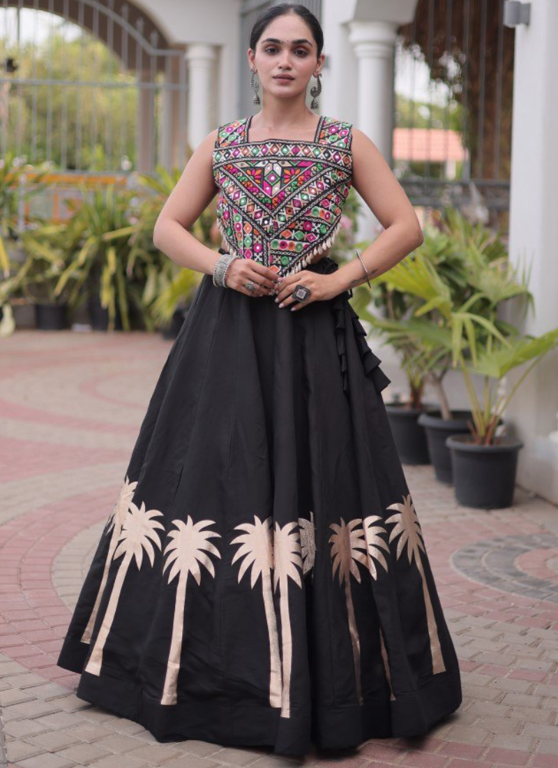 Fully Stitched Black Roman Gamthi Embroidery Lehenga Set For Navratri