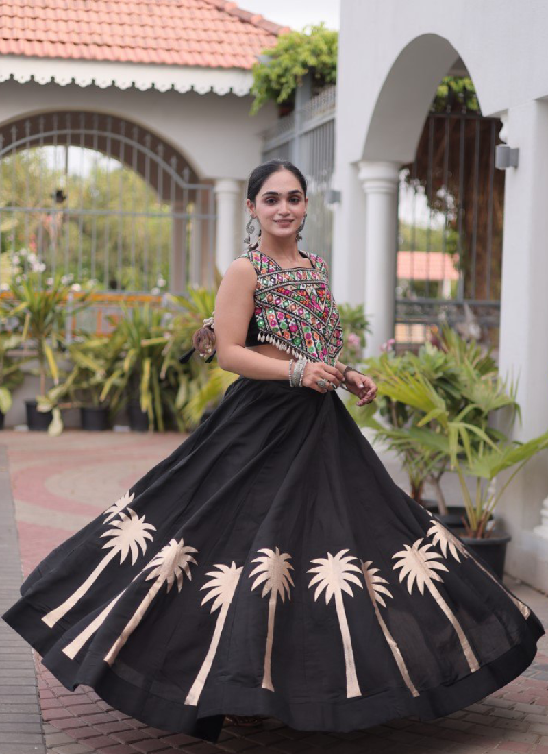 Fully Stitched Black Roman Gamthi Embroidery Lehenga Set For Navratri