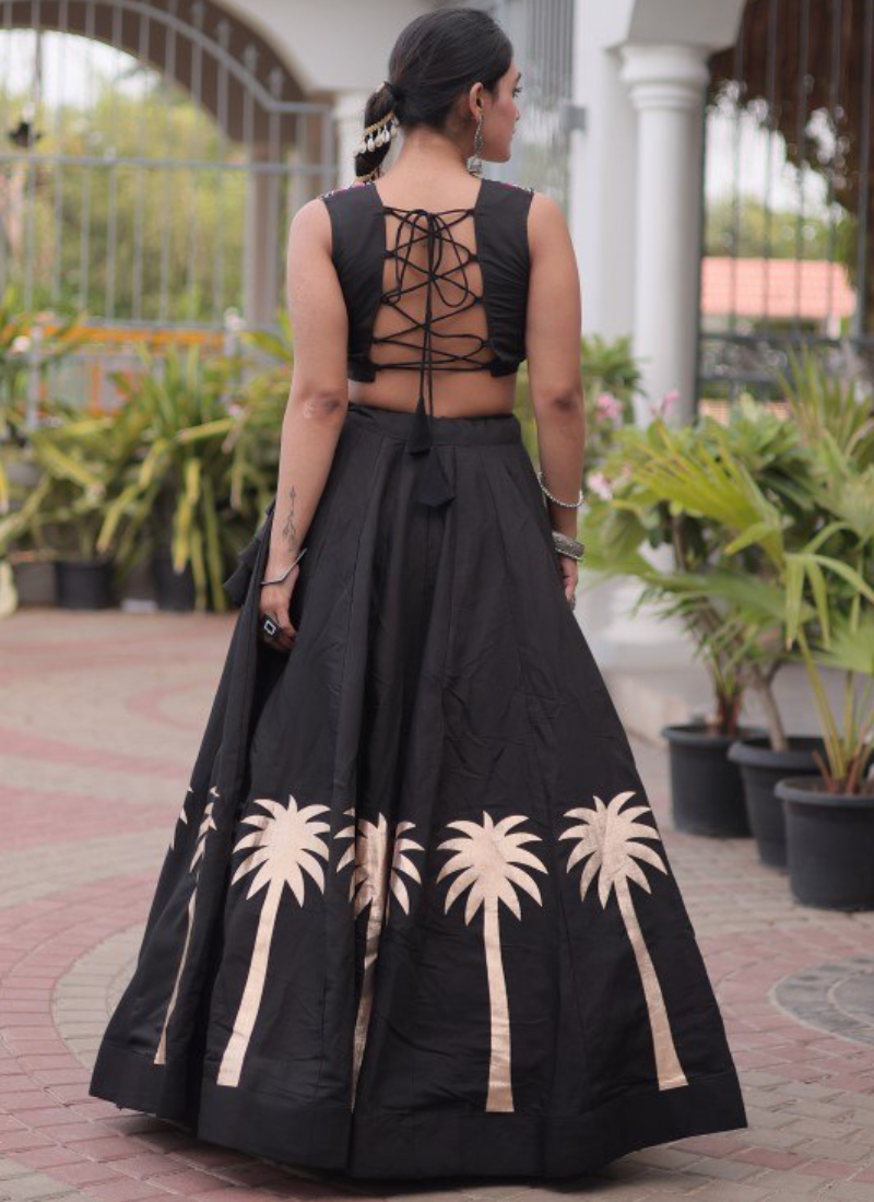 Fully Stitched Black Roman Gamthi Embroidery Lehenga Set For Navratri