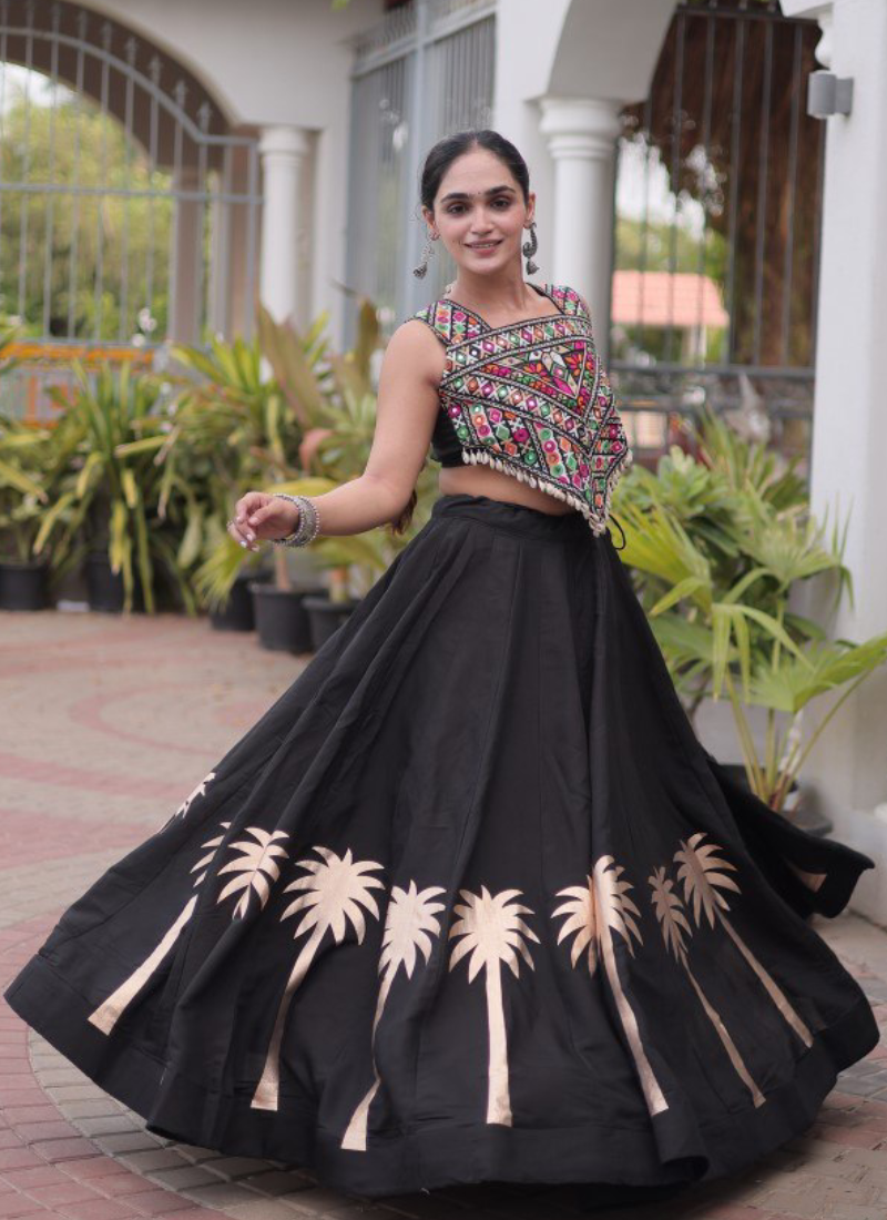 Fully Stitched Black Roman Gamthi Embroidery Lehenga Set For Navratri