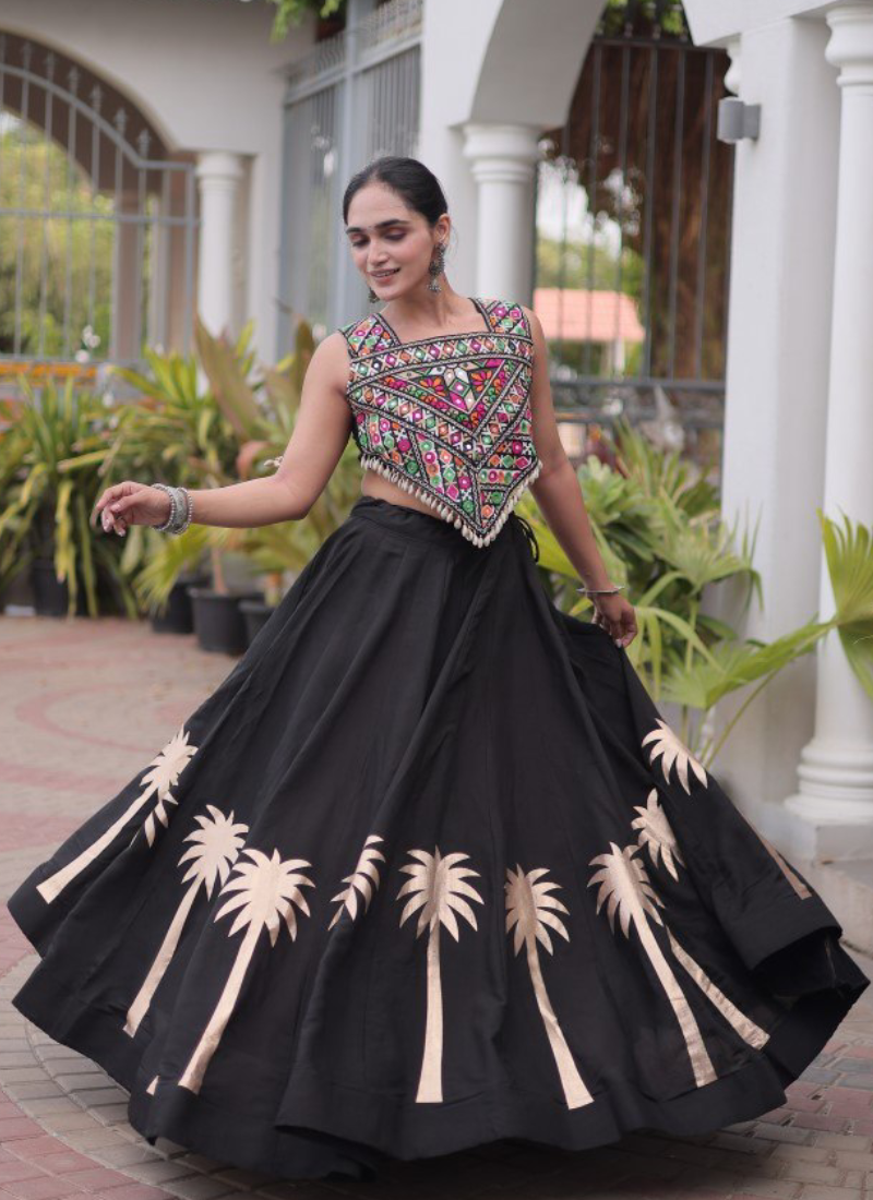 Fully Stitched Black Roman Gamthi Embroidery Lehenga Set For Navratri