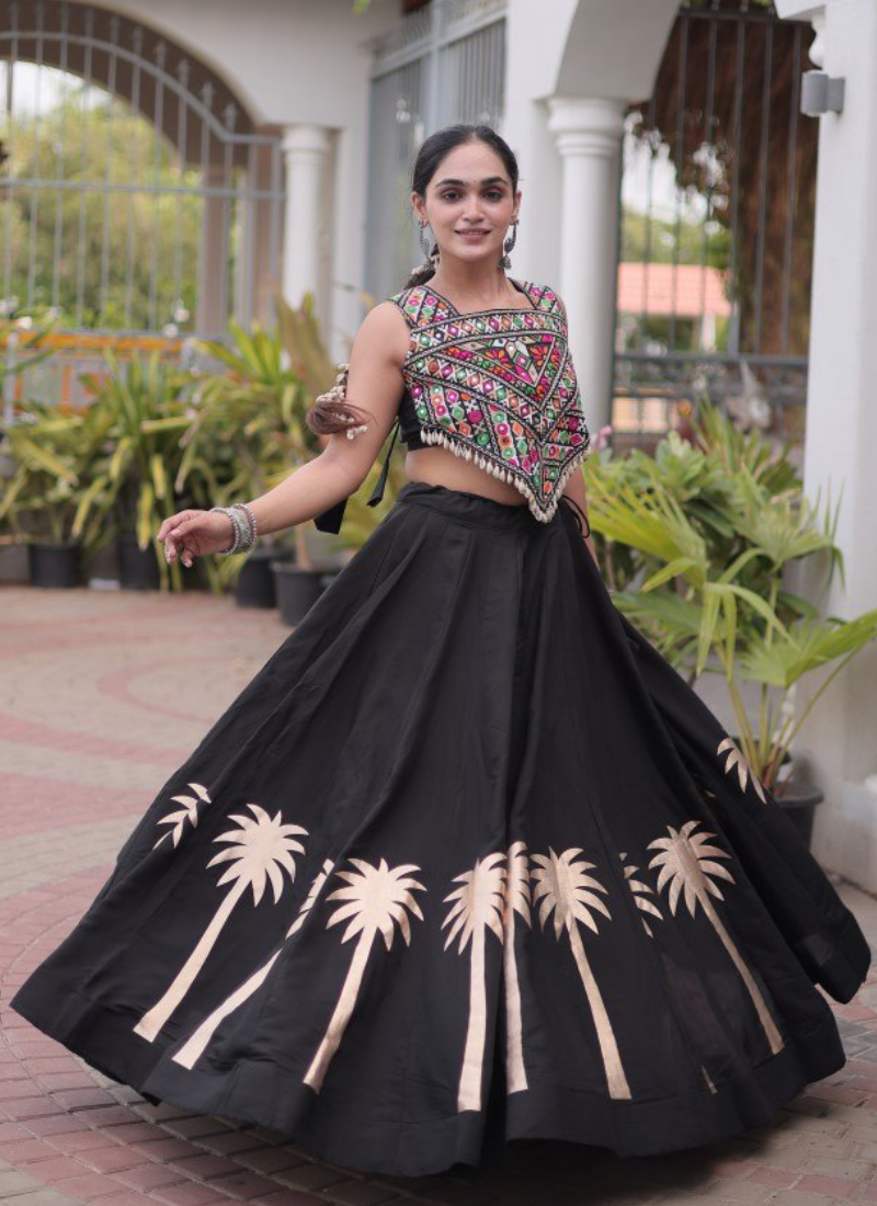 Fully Stitched Black Roman Gamthi Embroidery Lehenga Set For Navratri