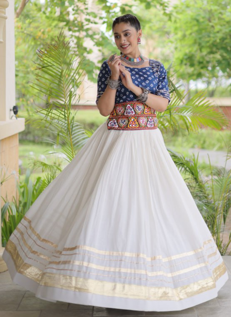 Fully Stitched Blue Cotton Bandhani Printed Embroidered Lehenga Choli