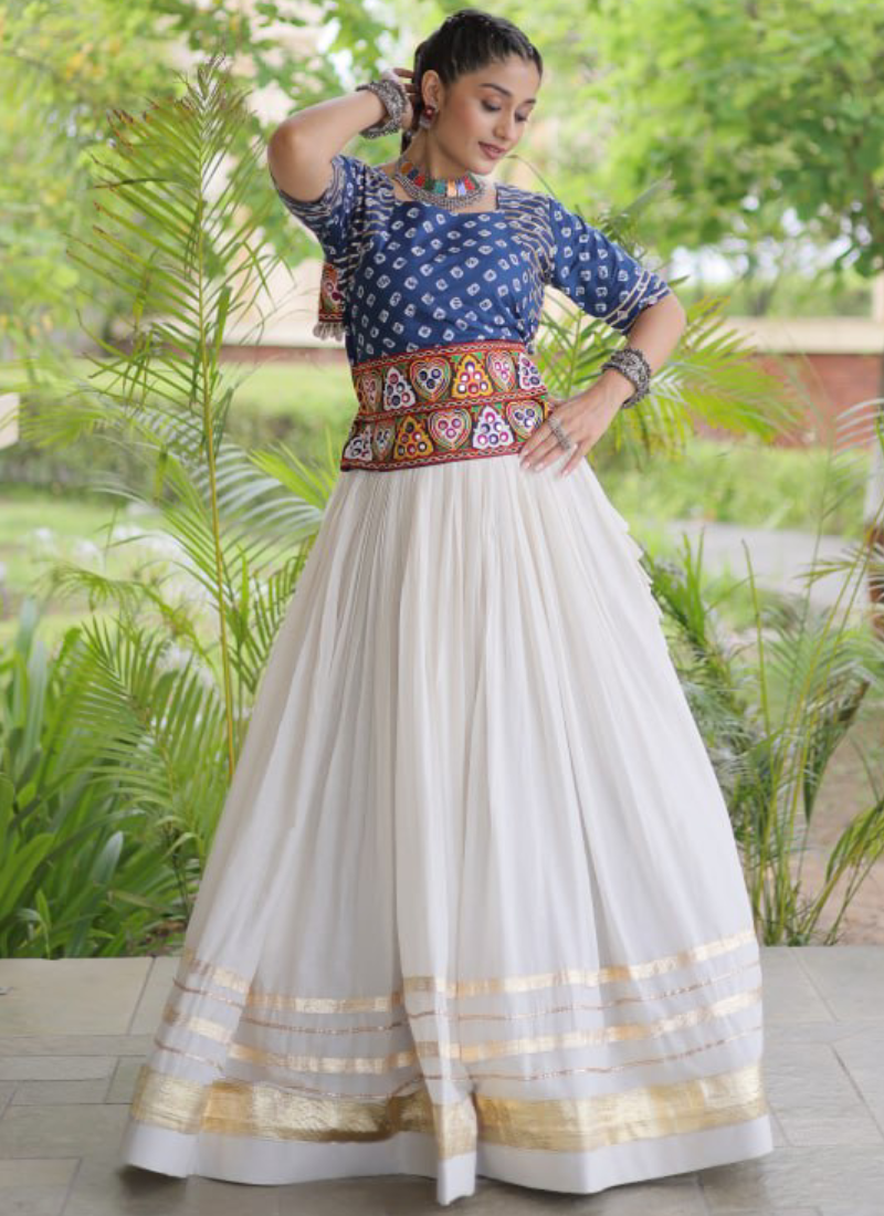 Fully Stitched Blue Cotton Bandhani Printed Embroidered Lehenga Choli